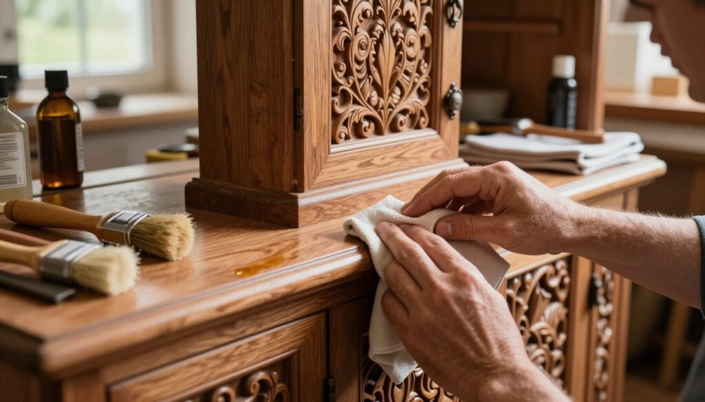 A beautifully crafted wooden cabinet with intricate carvings, showcasing traditional Highland craftsmanship. The foreground features a skilled artisan gently polishing a detailed carved detail with a soft cloth, highlighting the intricate wood grain and the shine from the freshly applied oil. In the middle, the cabinet stands prominently, surrounded by various tools for wood care, such as brushes, oils, and cloths. The background is a warm, inviting workshop bathed in soft, natural light, filtering through a window, casting delicate shadows that enhance the cozy atmosphere. The overall mood is one of dedication and artistry, emphasizing the care required for maintaining the beauty of wooden furniture. The composition is framed with a slight depth of field, focusing on the artisan's hands and the cabinet for an intimate touch. A beautifully crafted wooden cabinet with intricate carvings, showcasing traditional Highland craftsmanship. The foreground features a skilled artisan gently polishing a detailed carved detail with a soft cloth, highlighting the intricate wood grain and the shine from the freshly applied oil. In the middle, the cabinet stands prominently, surrounded by various tools for wood care, such as brushes, oils, and cloths. The background is a warm, inviting workshop bathed in soft, natural light, filtering through a window, casting delicate shadows that enhance the cozy atmosphere. The overall mood is one of dedication and artistry, emphasizing the care required for maintaining the beauty of wooden furniture. The composition is framed with a slight depth of field, focusing on the artisan's hands and the cabinet for an intimate touch.