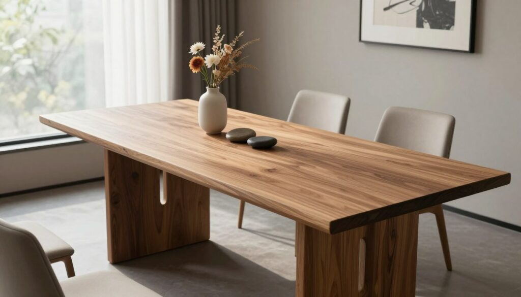 A beautifully crafted wooden dining table, showcasing the natural grain and texture of the wood, set in a modern dining area. The table is adorned with elegant, minimalist decor: a simple vase with fresh seasonal flowers, and subtle decorative stones that accentuate the natural beauty of the tabletop. Soft, diffused lighting filters through a large window, casting gentle shadows that enhance the warmth of the wood. The background features a stylish, contemporary interior with neutral tones and tasteful artwork, creating a serene and inviting atmosphere. The image captures the essence of sophistication and simplicity, ideal for highlighting the use of natural beauty in table decor. A beautifully crafted wooden dining table, showcasing the natural grain and texture of the wood, set in a modern dining area. The table is adorned with elegant, minimalist decor: a simple vase with fresh seasonal flowers, and subtle decorative stones that accentuate the natural beauty of the tabletop. Soft, diffused lighting filters through a large window, casting gentle shadows that enhance the warmth of the wood. The background features a stylish, contemporary interior with neutral tones and tasteful artwork, creating a serene and inviting atmosphere. The image captures the essence of sophistication and simplicity, ideal for highlighting the use of natural beauty in table decor.