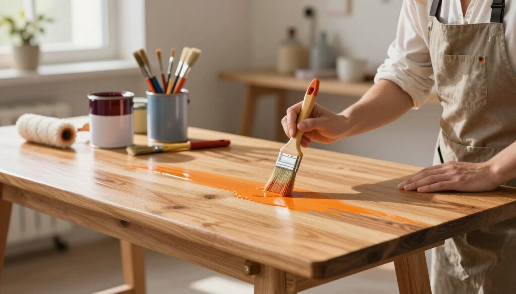 A beautifully crafted wooden table being painted with smooth, even strokes, showcasing the technique of painting without streaks or drips. In the foreground, a focused painter wearing a professional apron is applying a fresh coat of vibrant paint using a high-quality brush, demonstrating precision. The table's surface gleams, reflecting soft sunlight from a nearby window, illuminating the rich wood grain underneath. In the middle ground, paint supplies such as paint cans, brushes, and a roller are neatly organized, indicating a well-planned project. The background features a cozy workshop filled with warm colors and soft lighting, creating an inviting atmosphere for DIY enthusiasts. The overall scene communicates a sense of craftsmanship, attention to detail, and a serene crafting environment, ideal for a painting technique tutorial.