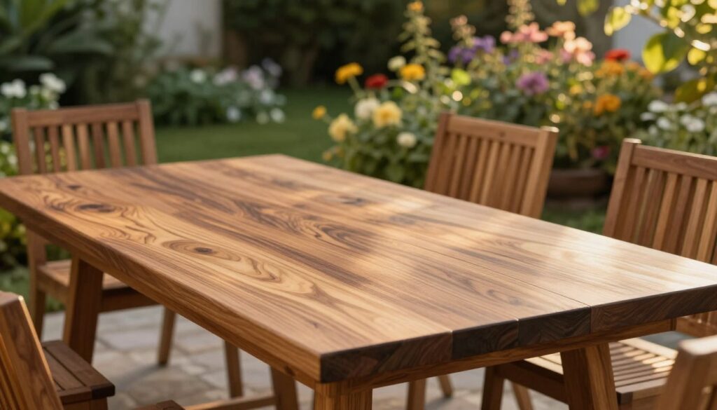 A beautifully crafted wooden tabletop designed for an outdoor garden table, showcasing rich textures and grains typical of durable hardwood like teak or mahogany. The foreground features the table surface, reflecting a warm, polished sheen under soft, golden hour sunlight, creating an inviting ambiance. In the middle layer, a cozy arrangement of stylish garden chairs complements the table, made of matching wood, emphasizing a cohesive look. The background reveals a lush garden scene filled with vibrant green foliage and colorful blossoms, enhancing the tranquil outdoor setting. The composition is captured with a shallow depth of field, drawing focus to the intricate details of the wooden table while softly blurring the garden behind it, evoking a serene, timeless atmosphere perfect for outdoor gatherings.