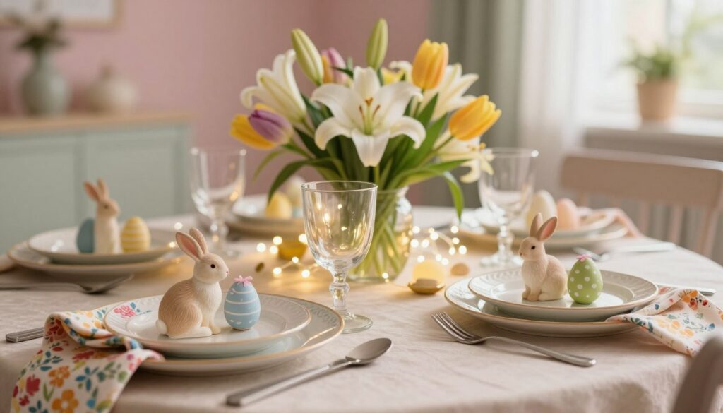 A beautifully decorated Easter table setting, showcasing personalized place settings for guests. In the foreground, elegant ceramic plates rest on vibrant, floral-patterned napkins, adorned with small, delicate figurki of rabbits and eggs. In the middle, a collection of fresh spring flowers, including lilies and tulips, creates a lush centerpiece, surrounded by twinkling fairy lights. The background features a softly lit dining area with pastel-colored walls and an inviting atmosphere. The image should capture warm, natural lighting, suggesting a late afternoon glow, enhancing the festive and welcoming mood. Use a shallow depth of field to create a dreamy, intimate feeling, highlighting the figurki while gently blurring the background. A beautifully decorated Easter table setting, showcasing personalized place settings for guests. In the foreground, elegant ceramic plates rest on vibrant, floral-patterned napkins, adorned with small, delicate figurki of rabbits and eggs. In the middle, a collection of fresh spring flowers, including lilies and tulips, creates a lush centerpiece, surrounded by twinkling fairy lights. The background features a softly lit dining area with pastel-colored walls and an inviting atmosphere. The image should capture warm, natural lighting, suggesting a late afternoon glow, enhancing the festive and welcoming mood. Use a shallow depth of field to create a dreamy, intimate feeling, highlighting the figurki while gently blurring the background.