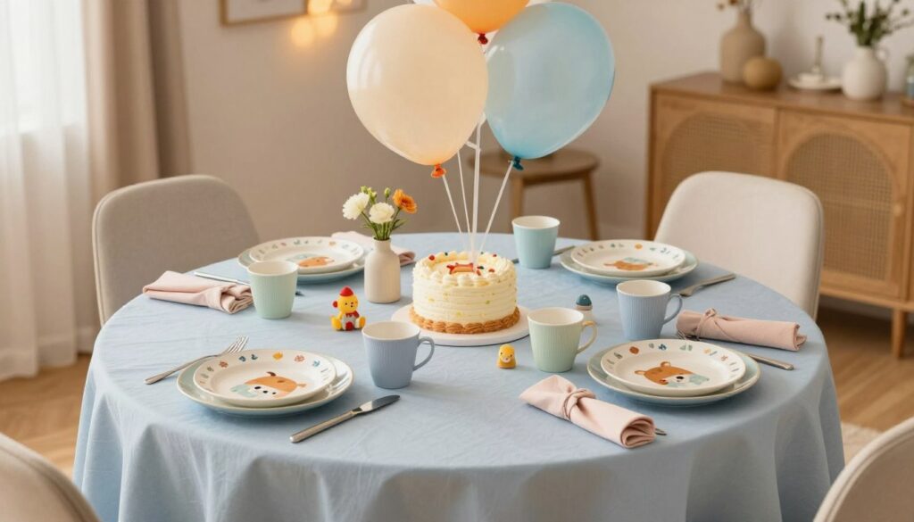 A beautifully decorated birthday table for a boy's first birthday, showcasing practical tableware and charming accents. In the foreground, an elegant, light blue tablecloth drapes over a round wooden table, adorned with a centerpiece of soft fabric balloons and a small cake. Surrounding the cake are neatly arranged plates with cheerful animal motifs and pastel-colored cups. In the middle, charming decorative elements include small toys, fresh flowers in simple vases, and pastel napkins folded artistically. The background features a softly lit room with warm, inviting colors, creating a cozy atmosphere. The lighting is gentle and ambient, enhancing the cheerful and family-friendly mood, captured from a slightly elevated angle to showcase the entire table setting. A beautifully decorated birthday table for a boy's first birthday, showcasing practical tableware and charming accents. In the foreground, an elegant, light blue tablecloth drapes over a round wooden table, adorned with a centerpiece of soft fabric balloons and a small cake. Surrounding the cake are neatly arranged plates with cheerful animal motifs and pastel-colored cups. In the middle, charming decorative elements include small toys, fresh flowers in simple vases, and pastel napkins folded artistically. The background features a softly lit room with warm, inviting colors, creating a cozy atmosphere. The lighting is gentle and ambient, enhancing the cheerful and family-friendly mood, captured from a slightly elevated angle to showcase the entire table setting.