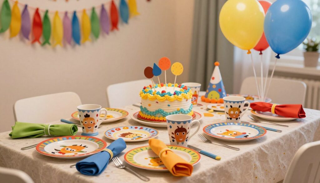 A beautifully decorated children's birthday table setting, showcasing a vibrant mix of colors and playful elements. In the foreground, an array of cheerful, themed tableware including plates, cups, and utensils adorned with cartoon characters, alongside colorful napkins twisted into fun shapes. The middle ground features a delightful cake decorated with bright icing and playful toppers, surrounded by cheerful balloons and party hats. In the background, a softly lit room filled with colorful streamers and banners enhancing the festive atmosphere. The lighting is warm, creating a joyful ambiance perfect for a child's celebration. The composition is seen from a slightly elevated angle, allowing for a comprehensive view of the colorful and safe decorations, capturing the essence of a fun and imaginative celebration. A beautifully decorated children's birthday table setting, showcasing a vibrant mix of colors and playful elements. In the foreground, an array of cheerful, themed tableware including plates, cups, and utensils adorned with cartoon characters, alongside colorful napkins twisted into fun shapes. The middle ground features a delightful cake decorated with bright icing and playful toppers, surrounded by cheerful balloons and party hats. In the background, a softly lit room filled with colorful streamers and banners enhancing the festive atmosphere. The lighting is warm, creating a joyful ambiance perfect for a child's celebration. The composition is seen from a slightly elevated angle, allowing for a comprehensive view of the colorful and safe decorations, capturing the essence of a fun and imaginative celebration.