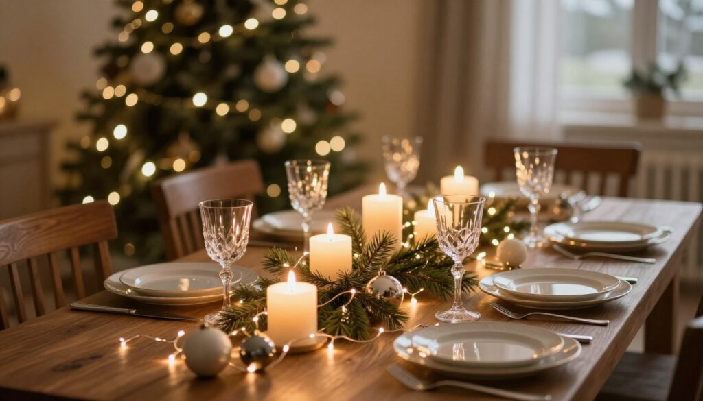 A beautifully decorated dining table for a traditional Christmas Eve feast, elegantly lit with soft, warm glows. In the foreground, a glowing centerpiece features tasteful candle arrangements nestled among pine branches and ornaments. Delicate string lights drape gracefully across the table, enhancing the cozy atmosphere. The middle layer includes a rustic table setting with fine china, crystal glasses, and elegant silverware, all reflecting the gentle light. In the background, a softly illuminated Christmas tree is adorned with twinkling lights and ornaments, adding to the festive spirit. The scene should emit a warm, inviting ambiance, ideal for a holiday gathering, captured with a warm lens and a slight depth of field to focus on the tabletop details while softly blurring the background. A beautifully decorated dining table for a traditional Christmas Eve feast, elegantly lit with soft, warm glows. In the foreground, a glowing centerpiece features tasteful candle arrangements nestled among pine branches and ornaments. Delicate string lights drape gracefully across the table, enhancing the cozy atmosphere. The middle layer includes a rustic table setting with fine china, crystal glasses, and elegant silverware, all reflecting the gentle light. In the background, a softly illuminated Christmas tree is adorned with twinkling lights and ornaments, adding to the festive spirit. The scene should emit a warm, inviting ambiance, ideal for a holiday gathering, captured with a warm lens and a slight depth of field to focus on the tabletop details while softly blurring the background.