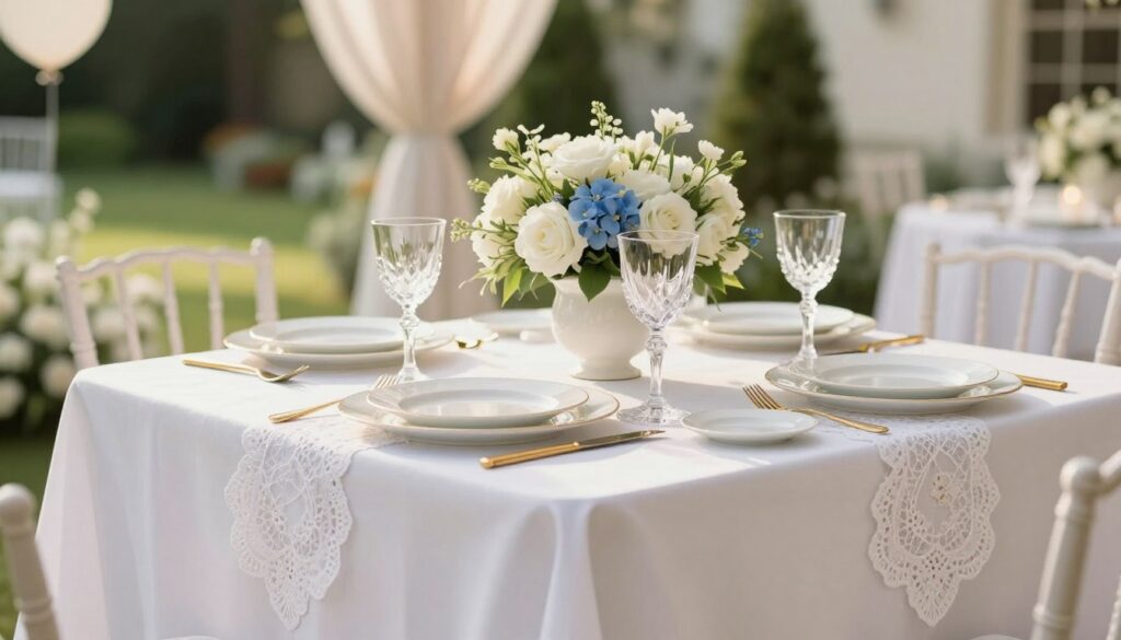 A beautifully decorated table for a boy's first communion, showcasing an elegant style with light, soft colors. In the foreground, an intricate white tablecloth drapes gracefully, adorned with delicate lace details. In the center, a stunning arrangement of fresh white and blue flowers in a classic vase adds a touch of sophistication. Elegant gold cutlery and pristine porcelain plates are neatly set, accompanied by crystal glasses catching soft sunlight. The middle ground features soft, ambient lighting that creates a warm and inviting atmosphere. The background reveals a serene garden setting, framed by gentle greenery and pastel decorations. The overall mood is joyful and celebratory, with a sense of unity and elegance perfect for this special occasion.