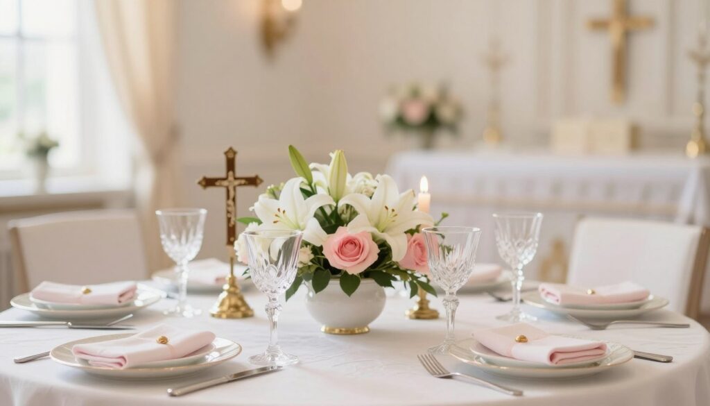 A beautifully decorated table for a girl's First Holy Communion, set in an elegant and festive atmosphere. In the foreground, gentle pastel-colored table settings feature fine china, delicate crystal glasses, and tasteful floral centerpieces of white lilies and soft pink roses, symbolizing purity. The middle ground showcases religious symbols like a small, ornate cross and a candle, subtly integrated into the décor. The background is softly blurred to emphasize the table, featuring a warm, inviting light that creates an ethereal glow, reminiscent of a sunny spring day. The overall mood is serene, celebrating the solemnity and joy of the occasion, captured with a gentle, diffused lighting effect, as if taken with a 50mm lens for a crisp yet soft focus.