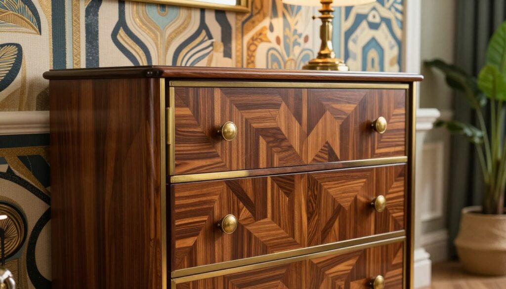 A beautifully designed Art Deco chest of drawers, showcasing intricate geometric patterns and luxurious materials such as walnut wood and brass accents. The foreground features the chest prominently, with its elegantly curved lines and polished finish. In the middle ground, a stylish living room setting highlights the chest placed against a chic wallpaper featuring bold, abstract designs typical of the Art Deco era. Soft, ambient lighting illuminates the space, creating a warm, inviting atmosphere. The background includes tasteful decor elements like a vintage lamp and potted plants, enhancing the overall elegance of the interior. The mood is sophisticated, reflecting the character and style of Art Deco furniture in a modern home. A beautifully designed Art Deco chest of drawers, showcasing intricate geometric patterns and luxurious materials such as walnut wood and brass accents. The foreground features the chest prominently, with its elegantly curved lines and polished finish. In the middle ground, a stylish living room setting highlights the chest placed against a chic wallpaper featuring bold, abstract designs typical of the Art Deco era. Soft, ambient lighting illuminates the space, creating a warm, inviting atmosphere. The background includes tasteful decor elements like a vintage lamp and potted plants, enhancing the overall elegance of the interior. The mood is sophisticated, reflecting the character and style of Art Deco furniture in a modern home.