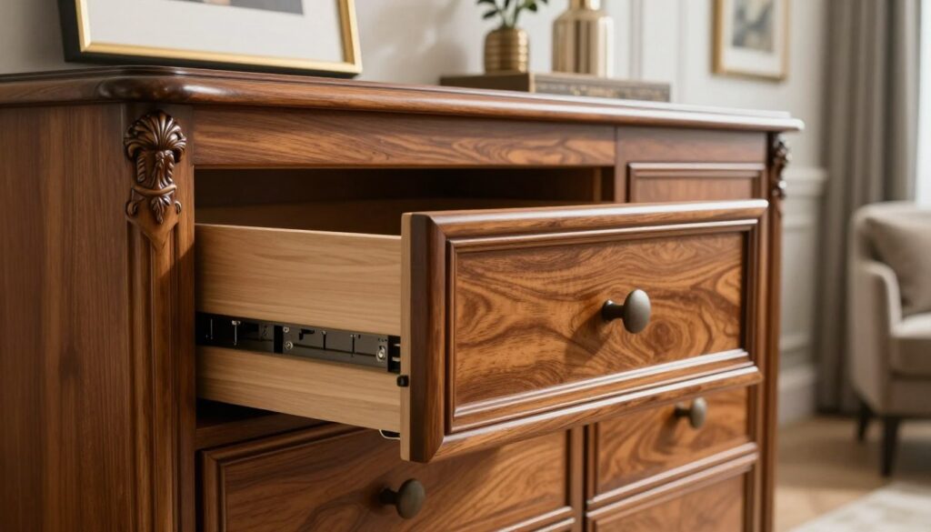 A beautifully designed Italian commode, showcasing the functionality of its drawers. The foreground features a close-up view of a smooth, elegantly crafted wooden drawer slightly open, highlighting the sleek handle and precision of its mechanism. In the middle, the commode stands impressively, boasting intricate carvings and a rich, polished finish that reflects ambient light. The background reveals a tastefully decorated room, with soft lighting enhancing the luxurious atmosphere, revealing neutral tones and tasteful decor elements like framed art and subtle plants. The scene captures an elegant, stylish mood, conveying a sense of high aesthetic quality in home design. A beautifully designed Italian commode, showcasing the functionality of its drawers. The foreground features a close-up view of a smooth, elegantly crafted wooden drawer slightly open, highlighting the sleek handle and precision of its mechanism. In the middle, the commode stands impressively, boasting intricate carvings and a rich, polished finish that reflects ambient light. The background reveals a tastefully decorated room, with soft lighting enhancing the luxurious atmosphere, revealing neutral tones and tasteful decor elements like framed art and subtle plants. The scene captures an elegant, stylish mood, conveying a sense of high aesthetic quality in home design.