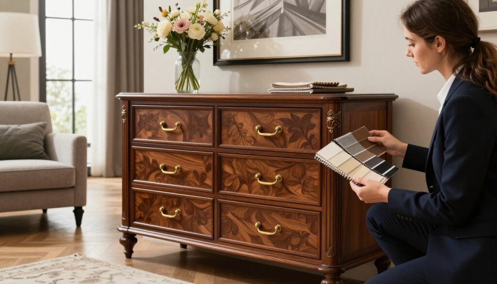 A beautifully designed Italian dresser is the focal point in a stylish and well-lit living space. The dresser is made of rich, dark wood with intricate carvings and polished brass handles, showcasing elegance and sophistication. In the foreground, a professional interior designer, dressed in business attire, is thoughtfully examining the dresser while holding swatches of fabric and color samples. The middle ground features a tastefully decorated room, highlighting a mix of contemporary and classic décor elements, including a cozy armchair and a vase of fresh flowers. The background reveals a large window allowing natural light to flood the room, creating a warm and inviting atmosphere. The overall mood is one of refined taste and professional expertise in furniture selection. A beautifully designed Italian dresser is the focal point in a stylish and well-lit living space. The dresser is made of rich, dark wood with intricate carvings and polished brass handles, showcasing elegance and sophistication. In the foreground, a professional interior designer, dressed in business attire, is thoughtfully examining the dresser while holding swatches of fabric and color samples. The middle ground features a tastefully decorated room, highlighting a mix of contemporary and classic décor elements, including a cozy armchair and a vase of fresh flowers. The background reveals a large window allowing natural light to flood the room, creating a warm and inviting atmosphere. The overall mood is one of refined taste and professional expertise in furniture selection.