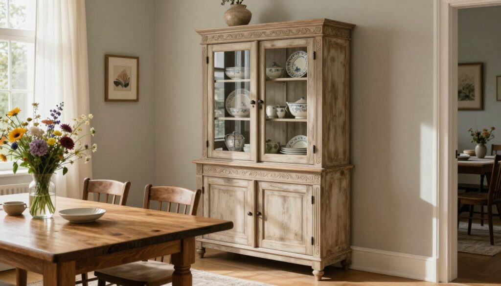 A beautifully designed Provençal dining cabinet, showcasing intricate wood carvings and a soft, distressed finish. Positioned in a cozy dining room setting, it features elegant glass doors displaying ceramic dishware and vintage table linens. The foreground includes a polished wooden dining table adorned with a lush bouquet of wildflowers in a glass vase. In the middle ground, the cabinet acts as a focal point, complemented by a couple of rustic wooden chairs. Soft, warm natural light filters through sheer curtains, casting gentle shadows that enhance the homely atmosphere. The background reveals subtle hints of neutral, pastel-colored walls and decorative elements such as framed art and a soft area rug, all evoking a romantic, inviting mood suitable for family gatherings or intimate dinners.