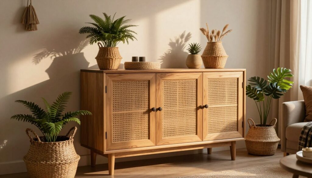 A beautifully designed boho-style cabinet in a cozy living room setting, seamlessly blending with natural elements. In the foreground, the cabinet is adorned with decorative plants, woven baskets, and warm-toned decor. The middle ground features subtle, ambient lighting highlighting the cabinet's textures and colors, casting soft shadows that enhance the natural feel of the space. The background showcases a soft, neutral-colored wall and rustic furniture pieces, complete with a hint of greenery from potted plants. The mood is serene and inviting, emphasizing harmony between light and design, with warm golden hour lighting spilling in from a nearby window, creating an atmosphere of comfort and tranquility. Capture this scene with a warm, inviting tone to enhance the bohemian aesthetic. A beautifully designed boho-style cabinet in a cozy living room setting, seamlessly blending with natural elements. In the foreground, the cabinet is adorned with decorative plants, woven baskets, and warm-toned decor. The middle ground features subtle, ambient lighting highlighting the cabinet's textures and colors, casting soft shadows that enhance the natural feel of the space. The background showcases a soft, neutral-colored wall and rustic furniture pieces, complete with a hint of greenery from potted plants. The mood is serene and inviting, emphasizing harmony between light and design, with warm golden hour lighting spilling in from a nearby window, creating an atmosphere of comfort and tranquility. Capture this scene with a warm, inviting tone to enhance the bohemian aesthetic.