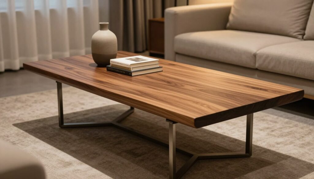A beautifully designed coffee table made of rich, polished hardwood paired with sleek, industrial-style metal legs. The table is rectangular with a smooth, natural wooden surface showcasing intricate grain patterns. In the foreground, the table is adorned with a stylish vase and a cozy stack of books, creating an inviting scene. The background features a softly lit modern living room with neutral-colored walls, a plush sofa, and ambient lighting that enhances the warmth of the wood. The angle captures the table at a slight diagonal to emphasize its design, with soft shadows creating a calming atmosphere. The overall mood is cozy and stylish, perfect for a contemporary home setting.