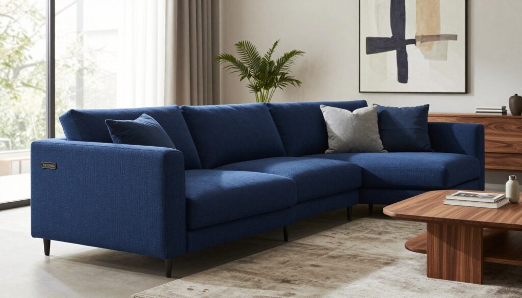 A beautifully designed corner sofa inspired by the "Dakar" model, showcasing a blend of modern aesthetics and personalized details. The foreground features the sofa upholstered in a rich, textured fabric with a deep navy blue color, adorned with stylish throw pillows in complementary shades. In the middle ground, a sleek wooden coffee table complements the sofa, surrounded by a minimalist living room décor, including a large, abstract painting on the wall and a potted plant for a touch of greenery. In the background, soft natural light fills the room through large windows, casting gentle shadows and creating a warm, inviting atmosphere. The scene emphasizes comfort and contemporary design, reflecting the essence of Polish craftsmanship in furniture design.