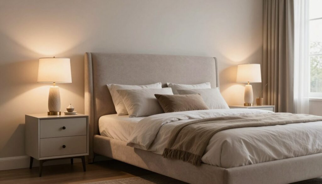 A beautifully designed, elegant bedroom showcasing proportionate nightstands next to a plush upholstered bed. In the foreground, two stylish nightstands with clean lines and elegant finishes stand symmetrically on either side of the bed, each adorned with decorative lamps that emit a warm, inviting glow. The middle layer features the upholstered bed, with soft textures and muted colors, complemented by plush pillows. In the background, a softly illuminated wall with neutral tones enhances the serene atmosphere, while a large window allows natural light to flood the room, casting gentle shadows. The mood is tranquil and sophisticated, perfect for a cozy and contemporary bedroom setting. Focused, wide-angle view captured with soft lighting to highlight the harmonious proportions and elegant decor.