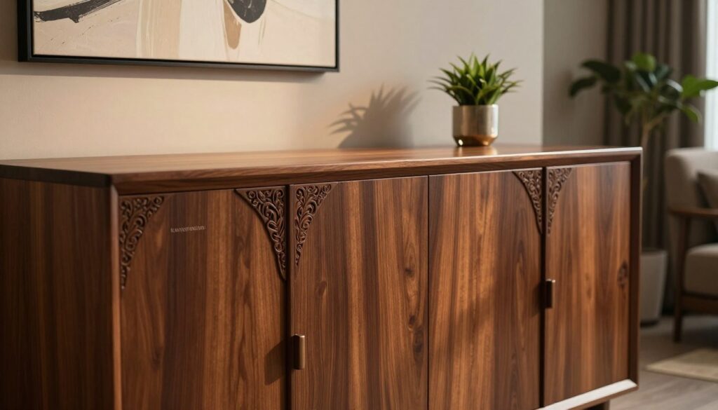 A beautifully designed, elegant "komoda ryflowana" (grooved sideboard) with intricate carved details on the front, showcasing deep, rich wood tones. The piece occupies the foreground, emphasizing its high-quality craftsmanship and contemporary elegance. In the middle ground, a stylish living room setting features warm, ambient lighting casting soft shadows, which enhances the textures of the grooved wood. The background includes a tastefully decorated wall with complementary decor, such as abstract art and potted plants, providing a serene and sophisticated atmosphere. The image is captured at a slight angle to highlight the depth of the sideboard, using a warm color palette that evokes feelings of luxury and timelessness, perfect for illustrating a commitment to quality and durability.