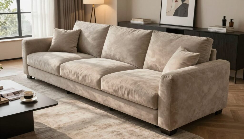 A beautifully designed "funkcja spania" (sleep function) corner sofa in a cozy, modern living room setting. The foreground features the elegant Flavio corner sofa, upholstered in soft, luxurious fabric with neutral tones, arranged invitingly with plush cushions. In the middle background, a stylish coffee table showcases magazines and a cup of coffee, adding to the relaxed atmosphere. Soft, warm lighting filters through large windows, casting gentle shadows and highlighting the sofa’s sleek lines. A decorative rug ties the space together, while tasteful artwork adorns the walls, enhancing the elegant yet inviting mood. The overall atmosphere is serene and family-friendly, embodying comfort and modern design. Ensure the image is taken with a slight angle to showcase the sofa's functionality while maintaining a cozy ambiance.