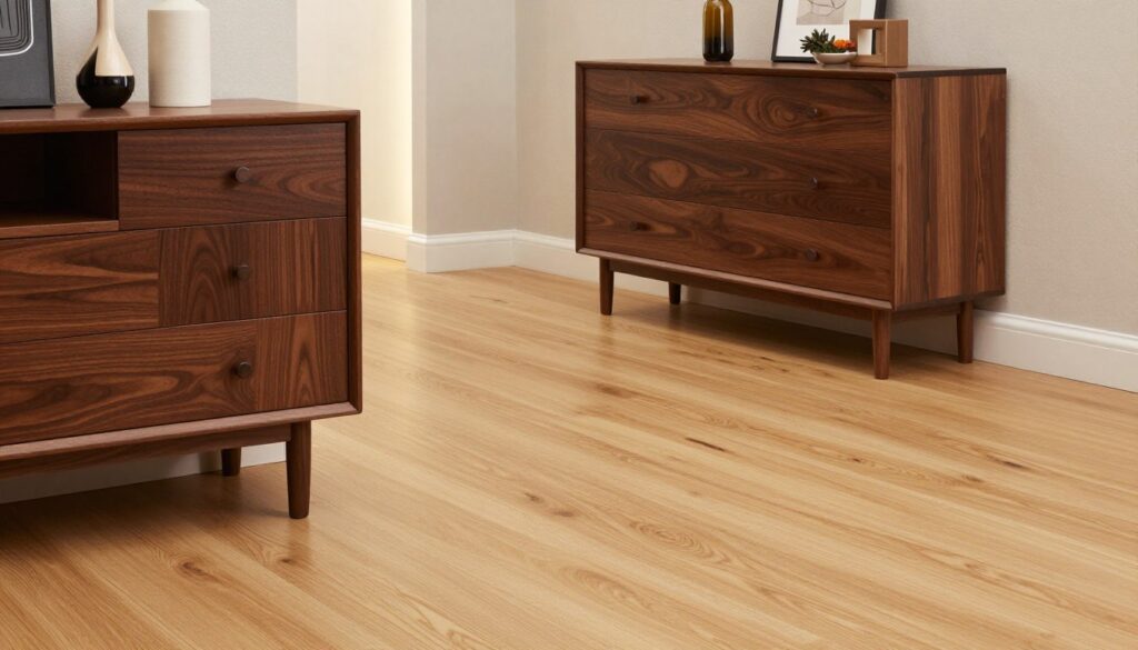 A beautifully designed interior showcasing a living space featuring a rich, dark wenge wood commode, harmoniously set against a contrasting light oak floor. In the foreground, the commode is elegantly styled with decorative items, enhancing its sophisticated appeal. The middle ground reveals the seamless transition from the oak flooring to the textured walls, painted in a soft neutral color to accentuate the wooden tones. In the background, a gently lit atmosphere is achieved with warm, diffused lighting, casting soft shadows that highlight the grain of the wood. The scene conveys a cozy, inviting mood, ideal for demonstrating the perfect pairing of wenge furniture with oak flooring. The perspective is slightly elevated, capturing the overall layout while emphasizing the rich textures and colors of the materials used.