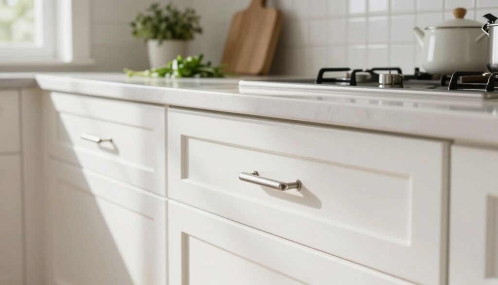 A beautifully designed kitchen featuring elegant white cabinetry with rail handles, emphasizing functionality. In the foreground, showcase a close-up of sleek, stainless steel rail handles mounted on glossy white kitchen drawers, highlighting their ergonomic design. The middle ground presents an inviting kitchen scene with an island countertop and decorative elements like fresh herbs and stylish kitchenware. In the background, soft natural light streams in through a window, casting gentle shadows that enhance the spaciousness and warmth of the space. The atmosphere is modern and cozy, conveying a sense of practicality and style in everyday kitchen use. The image should have a bright and airy feel, with a focus on the kitchen's sophisticated details. A beautifully designed kitchen featuring elegant white cabinetry with rail handles, emphasizing functionality. In the foreground, showcase a close-up of sleek, stainless steel rail handles mounted on glossy white kitchen drawers, highlighting their ergonomic design. The middle ground presents an inviting kitchen scene with an island countertop and decorative elements like fresh herbs and stylish kitchenware. In the background, soft natural light streams in through a window, casting gentle shadows that enhance the spaciousness and warmth of the space. The atmosphere is modern and cozy, conveying a sense of practicality and style in everyday kitchen use. The image should have a bright and airy feel, with a focus on the kitchen's sophisticated details.