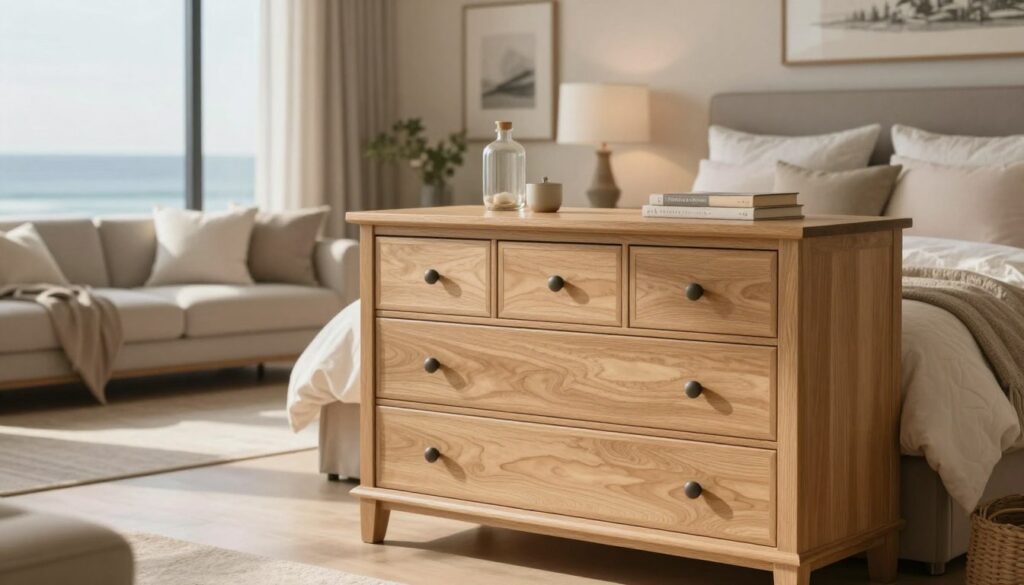 A beautifully designed living room and bedroom featuring the Hampton dresser in a coastal elegance style. In the foreground, a stylish, medium-sized Hampton dresser made of light oak wood with intricate detailing and a glossy finish sits prominently. The middle layer includes a tastefully arranged living space with soft, neutral-colored walls, showcasing decorative elements like plush cushions and serene artwork. In the background, a large window opens to a stunning ocean view, bringing in warm, natural light that enhances the tranquil atmosphere. The mood is serene and inviting, emphasizing investment in quality furniture for long-term beauty and functionality. Use a soft focus lens effect to create a dreamy, welcoming ambiance, with warm, natural lighting illuminating the space beautifully. A beautifully designed living room and bedroom featuring the Hampton dresser in a coastal elegance style. In the foreground, a stylish, medium-sized Hampton dresser made of light oak wood with intricate detailing and a glossy finish sits prominently. The middle layer includes a tastefully arranged living space with soft, neutral-colored walls, showcasing decorative elements like plush cushions and serene artwork. In the background, a large window opens to a stunning ocean view, bringing in warm, natural light that enhances the tranquil atmosphere. The mood is serene and inviting, emphasizing investment in quality furniture for long-term beauty and functionality. Use a soft focus lens effect to create a dreamy, welcoming ambiance, with warm, natural lighting illuminating the space beautifully.