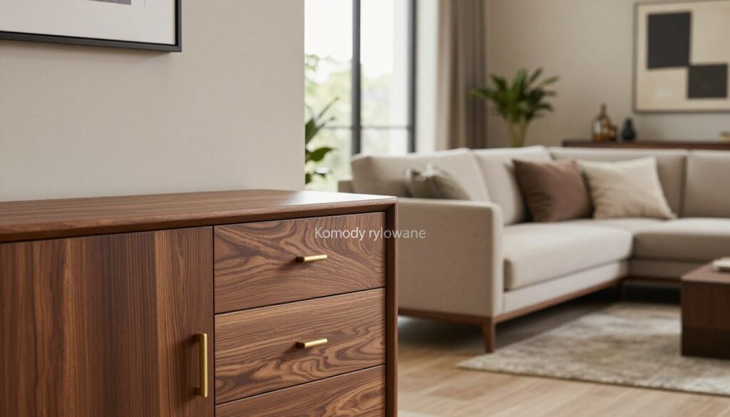 A beautifully designed living room featuring an elegant "Komody ryflowane" crafted from high-quality wood, showcasing intricate ribbed textures on the front. The foreground includes a dark wood komoda with modern brass handles, positioned against a soft, neutral wall color. In the middle ground, a stylish, minimalist sofa complements the komoda, adorned with plush cushions in muted tones. To the background, a floor-to-ceiling window allows warm, natural light to flood the room, creating a cozy atmosphere. Add decorative plants and tasteful art pieces on the walls to enhance the sophistication of the space. Capture the image with a soft focus effect to evoke a sense of tranquility and depth, shot at a slight angle to highlight the sleek lines and surface texture of the furniture.