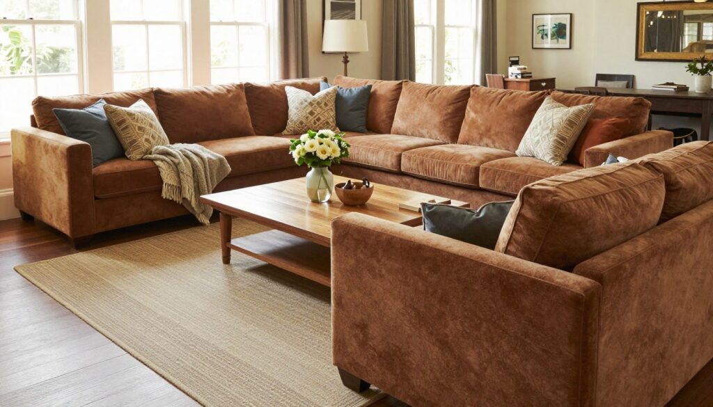 A beautifully designed living room featuring the Flavio corner sofa, elegantly customized with rich textures and colors to complement the cozy family space. In the foreground, the corner sofa is adorned with plush cushions in warm hues, showcasing its luxurious fabric. The middle layer includes a stylish coffee table made of natural wood, surrounded by tasteful decor elements like a vase of fresh flowers and soft throw blankets. The background displays a well-lit room with large windows allowing natural light to flood in, emphasizing the inviting atmosphere. The mood is warm and welcoming, perfect for family gatherings. Capture the scene with soft lighting and a wide-angle perspective to create an inviting and spacious feel.