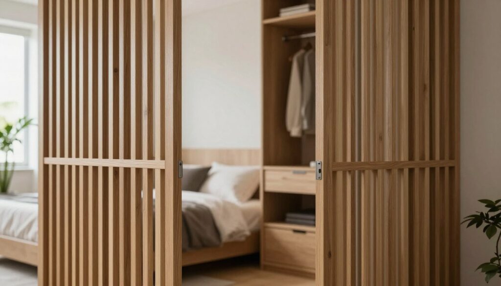 A beautifully designed modern wardrobe space featuring openwork partitions and slatted panels, creating a decorative accent. In the foreground, sleek wooden lamellae are arranged vertically, casting soft shadows that suggest depth. The middle ground displays a cozy yet stylish bedroom setting, where the wardrobe's design seamlessly integrates with minimalist decor and neutral-toned furnishings. Soft, diffused natural light filters through a nearby window, adding warmth and highlighting the textures of the materials. The background includes hints of greenery from potted plants, enhancing the modern aesthetic. The overall mood is tranquil and inviting, reflecting a contemporary approach to space separation in small rooms. The angle captures an inviting view, emphasizing the innovative design without any text or distractions. A beautifully designed modern wardrobe space featuring openwork partitions and slatted panels, creating a decorative accent. In the foreground, sleek wooden lamellae are arranged vertically, casting soft shadows that suggest depth. The middle ground displays a cozy yet stylish bedroom setting, where the wardrobe's design seamlessly integrates with minimalist decor and neutral-toned furnishings. Soft, diffused natural light filters through a nearby window, adding warmth and highlighting the textures of the materials. The background includes hints of greenery from potted plants, enhancing the modern aesthetic. The overall mood is tranquil and inviting, reflecting a contemporary approach to space separation in small rooms. The angle captures an inviting view, emphasizing the innovative design without any text or distractions.