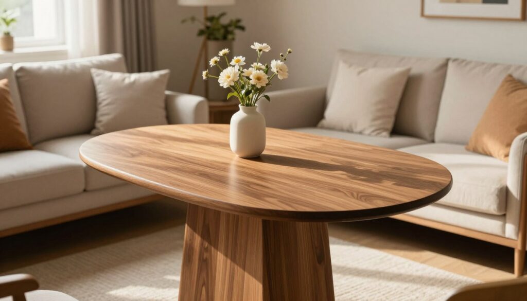 A beautifully designed small living room featuring a stylish table with a unique tabletop shape that enhances the sense of space. In the foreground, the table takes center stage, showcasing an elegant round or oval tabletop made from a warm wood finish, adorned with a minimalistic vase holding fresh flowers. In the middle ground, a cozy sofa with plush cushions complements the table, inviting relaxation. The background reveals a softly painted wall with tasteful art pieces that enhance the atmosphere. Warm, natural lighting streams in from a nearby window, creating a welcoming ambiance. The scene captures a modern yet comfortable aesthetic, reflecting the concept of choosing the ideal tabletop shape without overwhelming the room. The angle should be slightly elevated to provide a comprehensive view of the layout, highlighting the harmony between furniture elements. A beautifully designed small living room featuring a stylish table with a unique tabletop shape that enhances the sense of space. In the foreground, the table takes center stage, showcasing an elegant round or oval tabletop made from a warm wood finish, adorned with a minimalistic vase holding fresh flowers. In the middle ground, a cozy sofa with plush cushions complements the table, inviting relaxation. The background reveals a softly painted wall with tasteful art pieces that enhance the atmosphere. Warm, natural lighting streams in from a nearby window, creating a welcoming ambiance. The scene captures a modern yet comfortable aesthetic, reflecting the concept of choosing the ideal tabletop shape without overwhelming the room. The angle should be slightly elevated to provide a comprehensive view of the layout, highlighting the harmony between furniture elements.