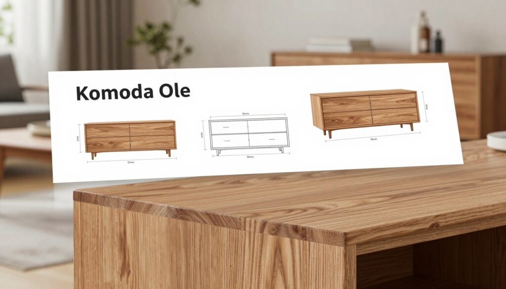 A beautifully designed technical specification page for the "Komoda Ole" furniture piece, showcasing its elegant structure and craftsmanship. In the foreground, display high-quality close-up images of the wood grain and joinery details, emphasizing the smooth finishes and durable materials. The middle section should include drawn illustrations of the komoda's dimensions and features such as spacious drawers and ergonomic handles, rendered in a clean and professional layout. The background should feature a softly lit, modern interior setting that evokes warmth and coziness, with subtle textures and muted colors. Use natural diffused lighting to enhance details and create a welcoming atmosphere, shot from a slightly elevated angle to provide depth and perspective.