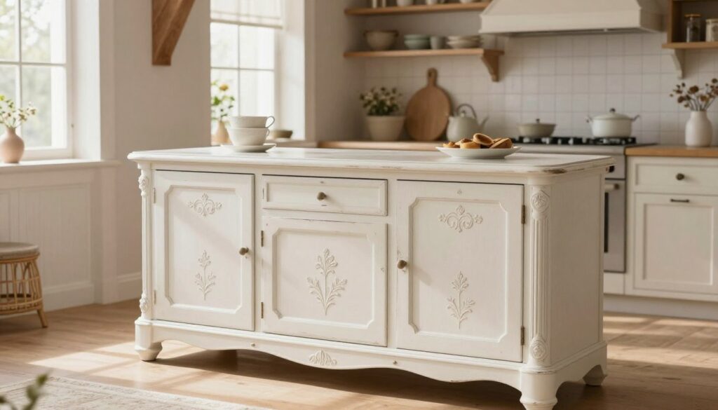 A beautifully designed vintage Provencal credenza positioned in a softly lit, elegant kitchen. In the foreground, the credenza features ornate details, gentle curves, and a distressed white finish, adorned with delicate floral carvings. The middle of the image showcases a warm, inviting kitchen environment with rustic accents, including wooden beams and soft pastel accents. Natural light streams in through a nearby window, casting a soft glow across the scene, enhancing the romantic atmosphere. In the background, tastefully arranged dishes and decor suggest a sense of quality and refinement. The overall mood is serene and welcoming, perfect for illustrating a commitment to quality and after-sales service. A beautifully designed vintage Provencal credenza positioned in a softly lit, elegant kitchen. In the foreground, the credenza features ornate details, gentle curves, and a distressed white finish, adorned with delicate floral carvings. The middle of the image showcases a warm, inviting kitchen environment with rustic accents, including wooden beams and soft pastel accents. Natural light streams in through a nearby window, casting a soft glow across the scene, enhancing the romantic atmosphere. In the background, tastefully arranged dishes and decor suggest a sense of quality and refinement. The overall mood is serene and welcoming, perfect for illustrating a commitment to quality and after-sales service.