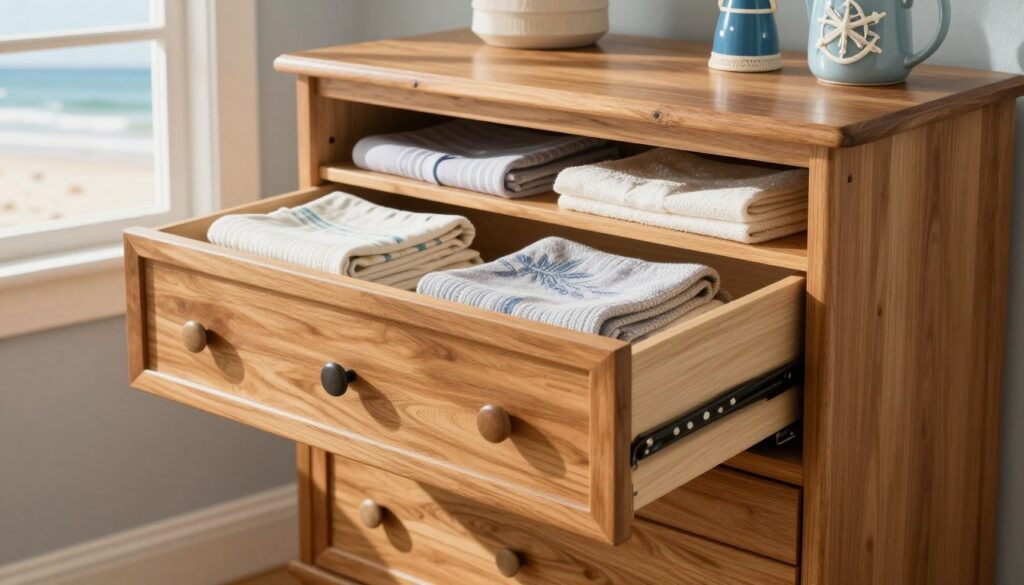 A beautifully designed wooden chest of drawers, showcasing the elegance of coastal style, with a smooth, polished finish and delicate nautical accents. The focus is on the open drawers, displaying neatly arranged items like folded linens and decorative beach-themed accessories, highlighting their functionality in everyday use. Soft, natural light filters in from a nearby window, casting gentle shadows and illuminating the texture of the wood. In the background, a serene beach scene can be seen through the window, blending harmoniously with the coastal decor of the room. The atmosphere is tranquil and inviting, embodying the charm of seaside living while emphasizing the practicality of well-designed storage solutions. A beautifully designed wooden chest of drawers, showcasing the elegance of coastal style, with a smooth, polished finish and delicate nautical accents. The focus is on the open drawers, displaying neatly arranged items like folded linens and decorative beach-themed accessories, highlighting their functionality in everyday use. Soft, natural light filters in from a nearby window, casting gentle shadows and illuminating the texture of the wood. In the background, a serene beach scene can be seen through the window, blending harmoniously with the coastal decor of the room. The atmosphere is tranquil and inviting, embodying the charm of seaside living while emphasizing the practicality of well-designed storage solutions.