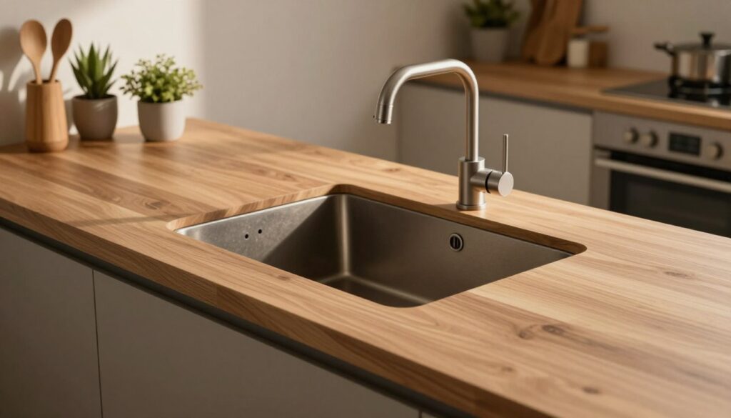 A beautifully designed wooden countertop featuring a modern, stylish sink seamlessly integrated into its surface. The foreground showcases the sink with a sleek faucet, highlighting the smooth natural grain of the wood. In the middle ground, kitchen utensils and plants add life to the scene, enhancing the cozy, inviting atmosphere. The background depicts an elegant kitchen environment with soft, warm lighting that casts gentle shadows, creating a homely feel. The angle captures the sink from a slightly elevated view, revealing how it fits harmoniously into the wooden countertop. The overall mood conveys a sense of functionality and aesthetic appeal, perfect for showcasing choices for sink installation in wooden surfaces. No text or logos present. A beautifully designed wooden countertop featuring a modern, stylish sink seamlessly integrated into its surface. The foreground showcases the sink with a sleek faucet, highlighting the smooth natural grain of the wood. In the middle ground, kitchen utensils and plants add life to the scene, enhancing the cozy, inviting atmosphere. The background depicts an elegant kitchen environment with soft, warm lighting that casts gentle shadows, creating a homely feel. The angle captures the sink from a slightly elevated view, revealing how it fits harmoniously into the wooden countertop. The overall mood conveys a sense of functionality and aesthetic appeal, perfect for showcasing choices for sink installation in wooden surfaces. No text or logos present.
