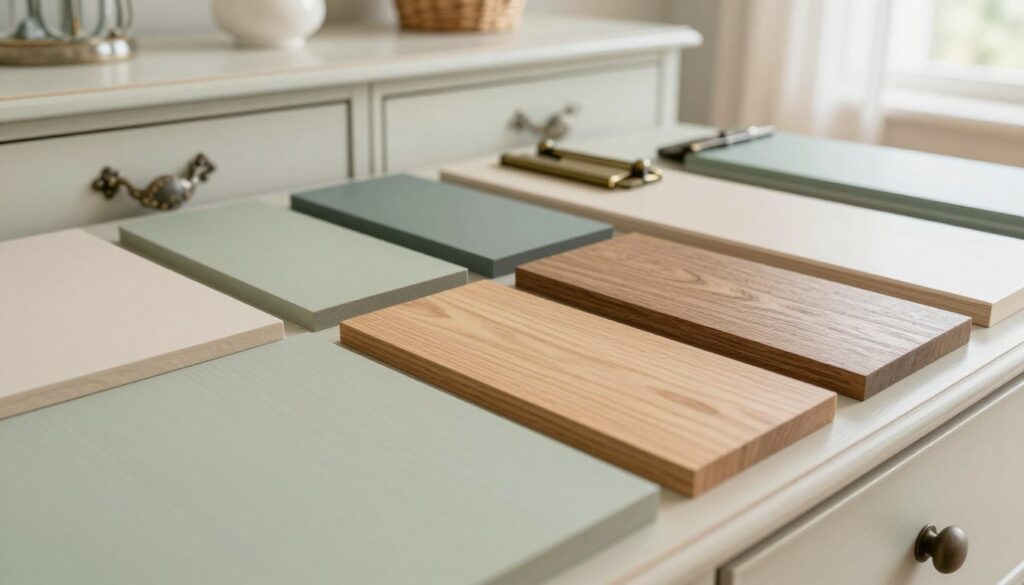 A beautifully detailed close-up of a selection of "kolor frontów" showcasing a variety of finishes and hues suitable for a Provencal-style dresser. In the foreground, feature distinct colors like soft pastels, muted greens, and warm earth tones, all with unique textures and grain patterns. Transitioning into the middle ground, present a visually appealing arrangement of vintage hardware, such as ornate handles and hinges, complementing the color scheme. The background should feature a soft, bright interior, hinting at a cozy, airy living space decorated in a romantic style. Use soft, diffused lighting to create an inviting atmosphere, reminiscent of a sun-drenched morning. Capture the image from a slightly elevated angle to provide depth and showcase the intricate details effectively.