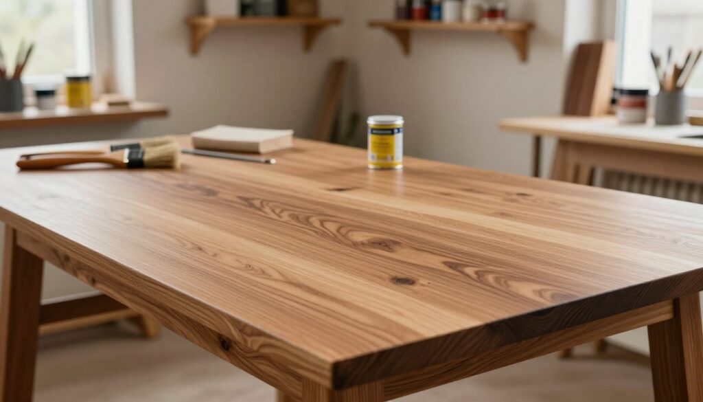 A beautifully finished plywood table in a cozy workshop setting, showcasing the unique technique of patyna. In the foreground, focus on the table surface, highlighting the rich textures and warm patina finish, with hints of wood grain and subtle color variations. The middle ground features tools like brushes, sandpaper, and a can of finishing oil, indicating the craftsmanship involved. The background displays a softly blurred wall of wooden shelves containing paint pots and wood samples, enhancing the creative atmosphere. Natural light filters through a nearby window, casting gentle shadows and creating a warm, inviting mood. The overall scene conveys a sense of transformation and artistry, perfect for inspiring DIY furniture refinishing enthusiasts.