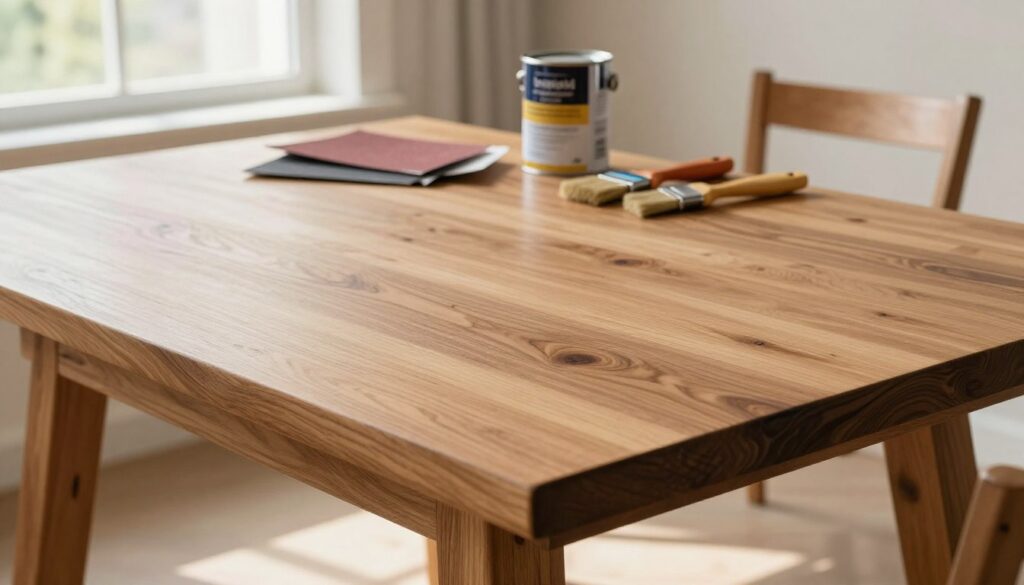 A beautifully finished wooden tabletop displayed prominently in the foreground, showcasing rich grain patterns and a smooth, polished surface. The tabletop is part of a rustic wooden table, with elegantly crafted legs visible at the edges. In the middle ground, tools like sandpaper, varnish brushes, and a can of wood finish are arranged neatly, indicating a work-in-progress theme. Natural light streams in from large windows in the background, highlighting the warm hues of the wood and creating a serene, inviting atmosphere. The image captures a sense of craftsmanship and attention to detail, perfect for illustrating the finishing process of a DIY table project. Soft shadows and highlights enhance the texture and depth of the wooden surface.