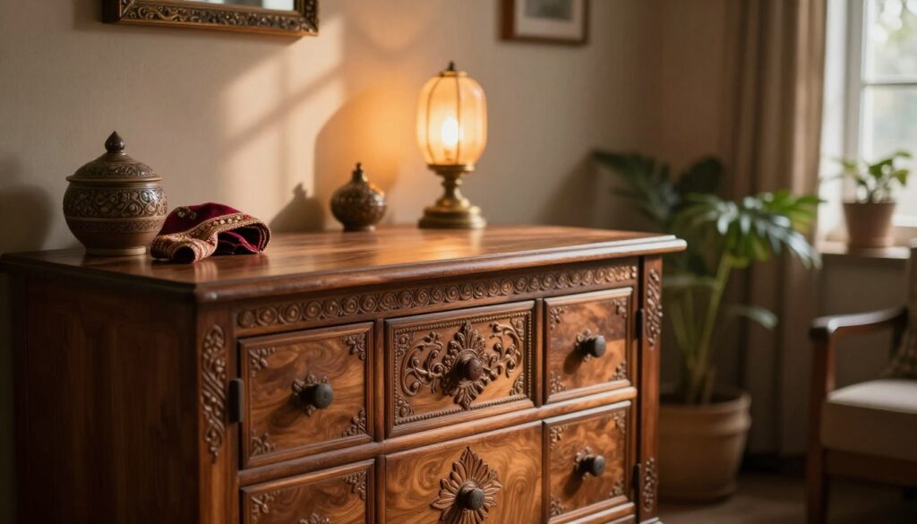 A beautifully handcrafted Indian wooden dresser, showcasing intricate carvings and ornate designs that highlight the artistry of handcraftsmanship. The foreground features the dresser, adorned with traditional motifs and detailed woodwork, complemented by decorative elements like handcrafted textiles and ceramics. In the middle ground, a softly glowing warm light filters through a window, casting gentle shadows that enhance the texture of the wood. The background reveals a cozy, inviting room with muted earth tones, potted plants, and ambient lighting to create a serene atmosphere. The overall mood conveys elegance and uniqueness, emphasizing the cultural significance of handmade furniture in home decor. The image should be captured in a soft focus to evoke a dreamy, tranquil ambiance. A beautifully handcrafted Indian wooden dresser, showcasing intricate carvings and ornate designs that highlight the artistry of handcraftsmanship. The foreground features the dresser, adorned with traditional motifs and detailed woodwork, complemented by decorative elements like handcrafted textiles and ceramics. In the middle ground, a softly glowing warm light filters through a window, casting gentle shadows that enhance the texture of the wood. The background reveals a cozy, inviting room with muted earth tones, potted plants, and ambient lighting to create a serene atmosphere. The overall mood conveys elegance and uniqueness, emphasizing the cultural significance of handmade furniture in home decor. The image should be captured in a soft focus to evoke a dreamy, tranquil ambiance.
