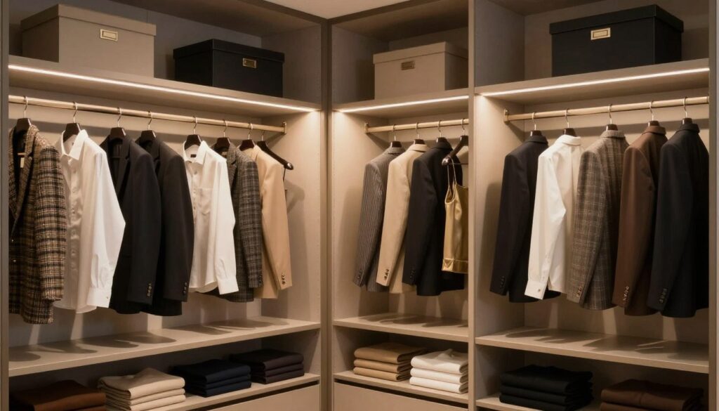 A beautifully organized sliding wardrobe interior showcasing a luxe glam aesthetic. In the foreground, there are neatly arranged shelves filled with elegant folded garments, while hanging clothes of various textures and colors dangle from polished hangers. The middle section features mirrored doors reflecting soft, ambient lighting that creates a warm and inviting atmosphere. Subtle softboxes highlight key areas, casting gentle shadows that add depth and richness. In the background, a few decorative storage boxes neatly arranged on the top shelf add organization and a touch of sophistication. The setting is elegant and chic, evoking feelings of modern luxury and practical elegance. Capture this scene from a slightly elevated angle to emphasize depth and spaciousness. No human subjects are present.