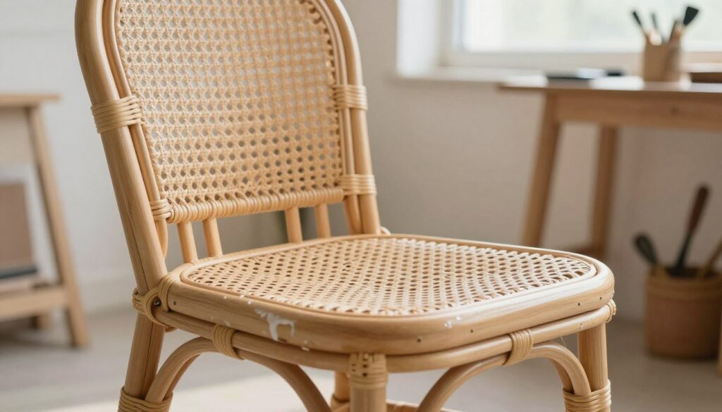 A beautifully renovated rattan chair sits prominently in the foreground, showcasing its intricately woven surface and newly reinforced seat and backrest. The chair's natural beige tones contrast beautifully with a fresh protective coating that glistens subtly in soft, natural light. In the middle, a close-up of protective sealant application can be seen, emphasizing the careful restoration process. The background features a minimalist workshop environment, with tools and materials lightly blurred, creating depth. Sunlight filters through a nearby window, creating a warm and inviting atmosphere, suggesting a sense of accomplishment and meticulous care in crafting and maintaining such furniture. The image evokes a feeling of tranquility and craftsmanship. A beautifully renovated rattan chair sits prominently in the foreground, showcasing its intricately woven surface and newly reinforced seat and backrest. The chair's natural beige tones contrast beautifully with a fresh protective coating that glistens subtly in soft, natural light. In the middle, a close-up of protective sealant application can be seen, emphasizing the careful restoration process. The background features a minimalist workshop environment, with tools and materials lightly blurred, creating depth. Sunlight filters through a nearby window, creating a warm and inviting atmosphere, suggesting a sense of accomplishment and meticulous care in crafting and maintaining such furniture. The image evokes a feeling of tranquility and craftsmanship.