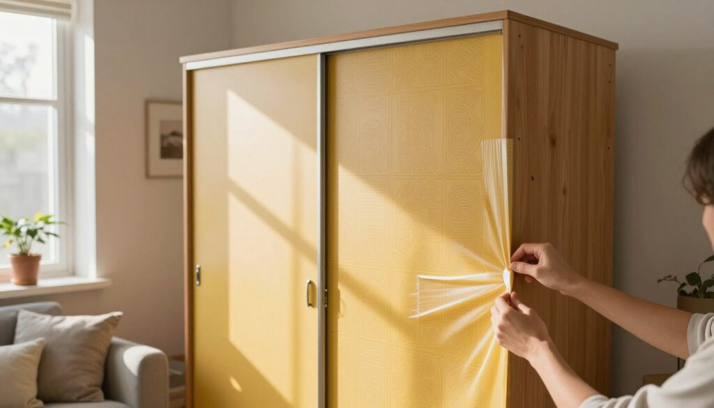 A beautifully renovated sliding wardrobe, showcasing a fresh, vibrant wrap covering its front panels instead of paint. The wardrobe is set in a cozy, well-lit living space, with natural light streaming in through a nearby window, casting soft shadows. In the foreground, a pair of hands delicately applying the adhesive vinyl wrap to one of the wardrobe doors, showcasing the meticulous process of transforming the old furniture. The middle ground features the wardrobe in its entirety, revealing intricate patterns on the wrap, blending modern aesthetics with warmth. The background includes a stylishly decorated room with tasteful decor, emphasizing the before-and-after concept. The atmosphere is creative and inspiring, highlighting the joy of upcycling furniture. The room is calm and inviting, enhancing the transformation theme. Suitable lighting accentuates the colors and textures, creating an engaging visual experience.