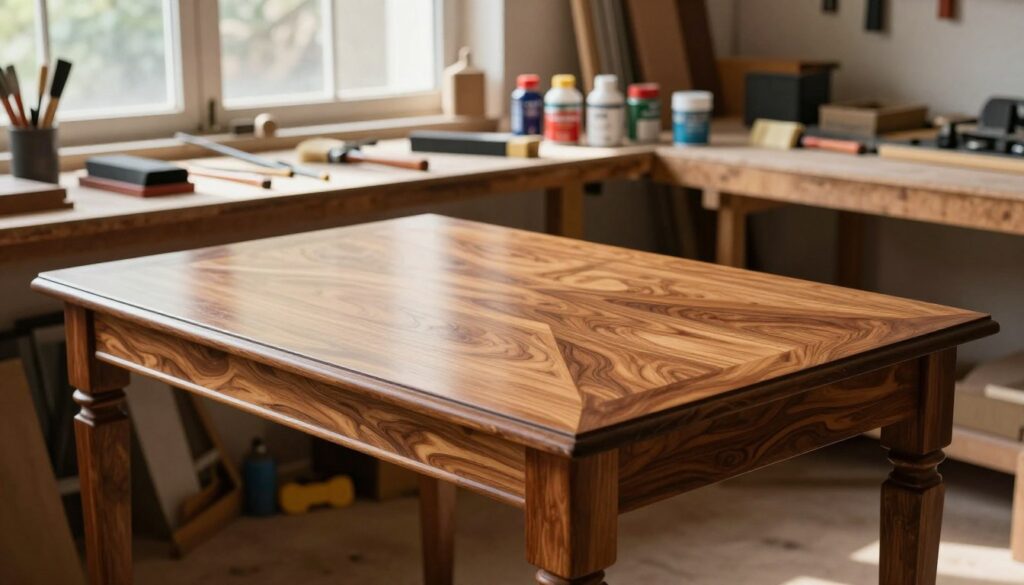 A beautifully restored piece of veneer furniture, prominently displayed in the foreground, showcasing intricate wood grain patterns and a rich, glossy finish. Surrounding the table, a well-organized workshop ambiance is evident, with tools like sanders, brushes, and paints neatly arranged on a workbench. In the background, soft, diffused natural light streams through a large window, casting gentle shadows that enhance the warm tones of the wood. The scene evokes a sense of creativity and craftsmanship, highlighting the delicate process of revitalizing furniture made from unique materials. The perspective should be slightly angled to create depth, capturing both the craftsmanship and the serene atmosphere of a dedicated workspace.