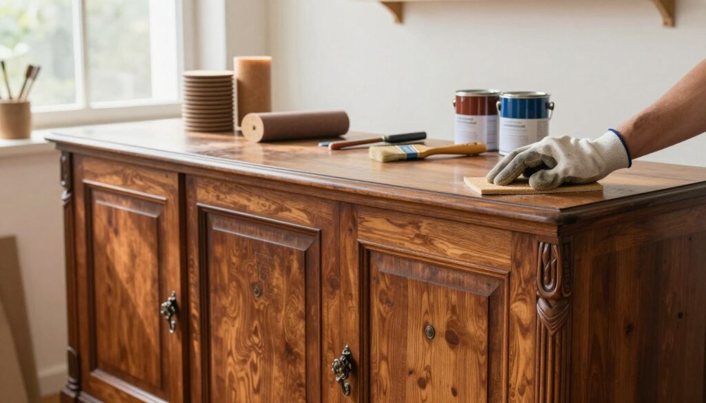 A beautifully restored vintage credenza, showcasing rich wooden grains and intricate carvings, stands prominently in a well-lit workshop. In the foreground, a pair of hands, wearing protective gloves, gently sand down the edges of the credenza, emphasizing the detailed craftsmanship. The middle ground features an assortment of restoration tools like sandpaper, brushes, and paint cans, carefully arranged to suggest an organized workspace. In the background, bright natural light filters through a large window, casting soft shadows and highlighting the warm hues of the wood. The atmosphere is inviting and peaceful, conveying a sense of dedication and artistry in furniture restoration. The image captures a moment of transformation, celebrating the old-world charm of the credenza.