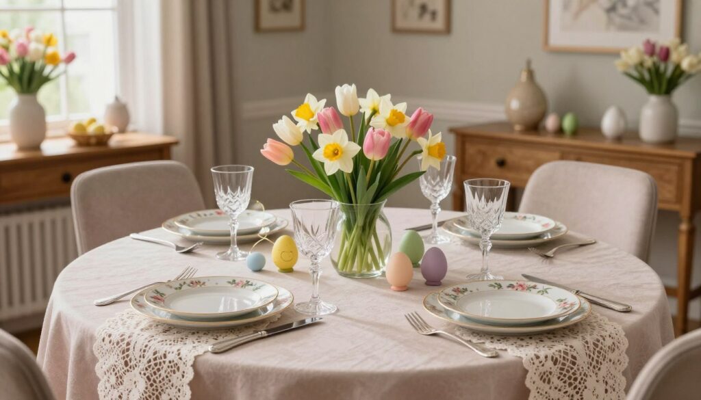 A beautifully set Easter table in an elegant dining room, featuring a soft, pastel tablecloth layered with a delicate lace runner. In the foreground, carefully arranged plates with floral patterns, sparkling crystal glasses, and polished silver cutlery. Freshly bloomed tulips and daffodils in pastel shades serve as a vibrant centerpiece, surrounded by small, decorative Easter eggs. The midground includes a wooden sideboard displaying additional floral arrangements, enhancing the festive atmosphere. Soft, warm lighting filters in through a nearby window, creating a cozy and inviting mood. The background features tasteful, neutral-colored walls and a subtle hint of decorative art. The overall scene embodies sophistication and freshness, perfect for a modern Easter celebration. Focus on capturing the details and warmth of the setting, with a slightly elevated angle to showcase the full table arrangement. A beautifully set Easter table in an elegant dining room, featuring a soft, pastel tablecloth layered with a delicate lace runner. In the foreground, carefully arranged plates with floral patterns, sparkling crystal glasses, and polished silver cutlery. Freshly bloomed tulips and daffodils in pastel shades serve as a vibrant centerpiece, surrounded by small, decorative Easter eggs. The midground includes a wooden sideboard displaying additional floral arrangements, enhancing the festive atmosphere. Soft, warm lighting filters in through a nearby window, creating a cozy and inviting mood. The background features tasteful, neutral-colored walls and a subtle hint of decorative art. The overall scene embodies sophistication and freshness, perfect for a modern Easter celebration. Focus on capturing the details and warmth of the setting, with a slightly elevated angle to showcase the full table arrangement.
