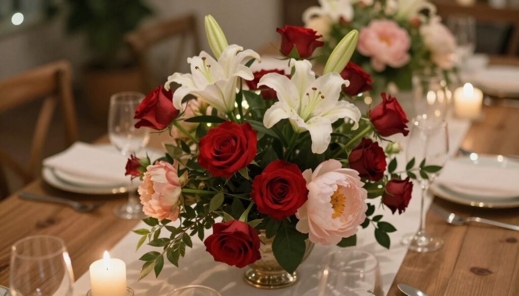 A beautifully set anniversary table, elegantly adorned with a lush floral arrangement as the focal point. In the foreground, showcase a variety of vibrant flowers, such as romantic red roses, delicate white lilies, and soft pastel peonies, artfully arranged in a stylish vase. In the middle, a pristine white tablecloth finely draped over a wooden table, complemented by elegant dinnerware and soft, flickering candlelight creating a warm atmosphere. In the background, subtle hints of greenery and soft bokeh effects from fairy lights twinkling gently, adding depth. The scene is lit with warm, soft light to evoke a cozy and intimate ambiance, captured from a slight overhead angle to emphasize the floral centerpiece and the overall romantic setting.