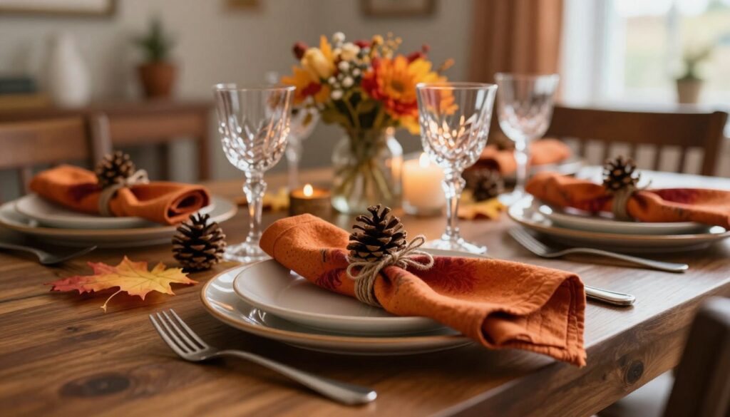 A beautifully set dining table adorned with seasonal napkins showcasing vibrant autumnal colors, like rich oranges, deep reds, and warm browns. In the foreground, the napkins are elegantly folded into intricate shapes, accented with rustic twine and small pinecones, creating a cozy atmosphere. The middle ground features a charming tableware arrangement with handcrafted ceramic plates and crystal glasses, reflecting soft candlelight. The background presents a warm, inviting dining room with wooden furniture, floral arrangements, and natural light streaming through a window, enhancing the overall ambiance. The scene should convey a sense of seasonal elegance and warmth, perfect for cozy gatherings. Use soft, warm lighting with a slightly blurred background for a dreamy effect.