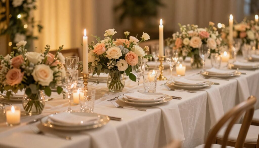 A beautifully set dining table featuring an elegant organza table runner draped gracefully across the center. In the foreground, exquisite floral arrangements in soft pastel colors mingle with delicate votive candles that cast a warm glow. The middle layer includes intricate tableware, like fine china and crystal glassware, arranged meticulously for a festive feel. In the background, a softly blurred ambiance with warm golden lights and hints of greenery adds to the celebratory atmosphere. The lighting is soft and inviting, reminiscent of a cozy gathering, and the perspective showcases the table from a slight angle to highlight the runner and overall decor. The mood is joyful and serene, perfect for a christening celebration.