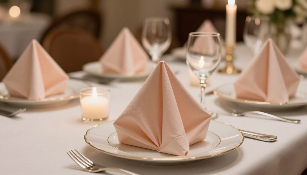 A beautifully set dining table featuring intricately folded paper napkin pockets in various classic styles, such as the pyramid, bishop's hat, and fan shapes. The napkins are elegantly displayed in a soft pastel color palette, harmonizing with fine china plates and polished silverware. In the foreground, focus on a close-up of a carefully arranged napkin pocket, showcasing delicate folds and textures. The middle ground includes a wider view of the table, with candle holders casting gentle light, enhancing the intimate atmosphere. The background should feature a bokeh effect of soft lighting, adding warmth and elegance to the scene. The overall mood is sophisticated and inviting, ideal for a chic dining experience. A beautifully set dining table featuring intricately folded paper napkin pockets in various classic styles, such as the pyramid, bishop's hat, and fan shapes. The napkins are elegantly displayed in a soft pastel color palette, harmonizing with fine china plates and polished silverware. In the foreground, focus on a close-up of a carefully arranged napkin pocket, showcasing delicate folds and textures. The middle ground includes a wider view of the table, with candle holders casting gentle light, enhancing the intimate atmosphere. The background should feature a bokeh effect of soft lighting, adding warmth and elegance to the scene. The overall mood is sophisticated and inviting, ideal for a chic dining experience.