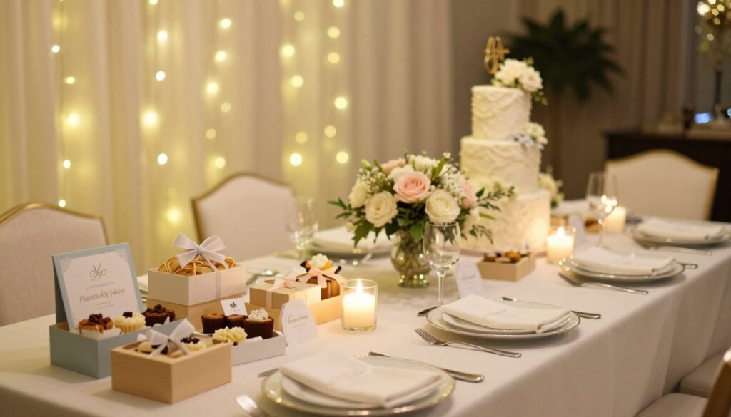 A beautifully set dining table for a christening celebration, adorned with elegant decorations that convey a festive and warm atmosphere. In the foreground, a variety of thoughtfully crafted guest favors, such as delicate boxes filled with artisanal sweets, small candles, and personalized notes, are arranged on the table. The middle ground features an elegantly decorated cake, floral arrangements in pastel colors, and shiny tableware that reflects soft, ambient lighting. In the background, dreamy drapes and twinkling fairy lights create a magical touch. The scene is illuminated with warm, soft lighting to evoke a cozy and inviting feel. The perspective should be from a slight angle, capturing both the inviting table setup and the overall decor, making it ideal for showcasing the theme of appreciation for guests.