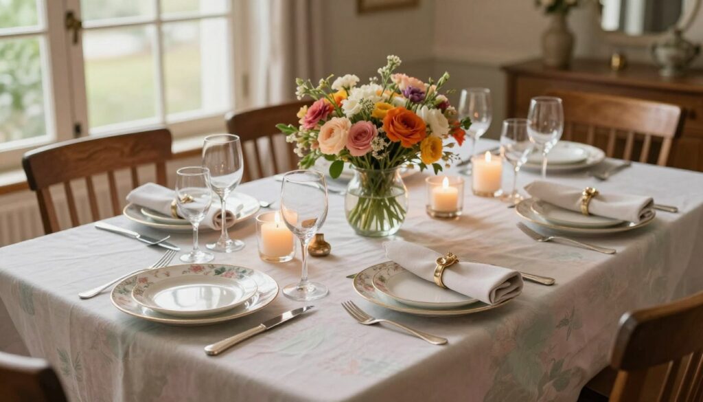 A beautifully set dining table for a family lunch, showcasing an elegant tablecloth in soft pastel colors. In the foreground, polished silverware shines beside delicate china plates adorned with floral patterns. Centerpieces of fresh seasonal flowers create a vibrant yet inviting atmosphere. In the middle, a wooden table is adorned with warm candlelight, and subtle decorative elements like napkin rings and wine glasses add sophistication. The background features a softly lit dining room with warm wooden tones, large windows that allow natural light to filter in, enhancing the cozy ambiance. A gentle, inviting atmosphere is captured, suggesting warmth, togetherness, and the joy of family gatherings. The scene is shot from a slight overhead angle to showcase the entire table setup and its intimate details.