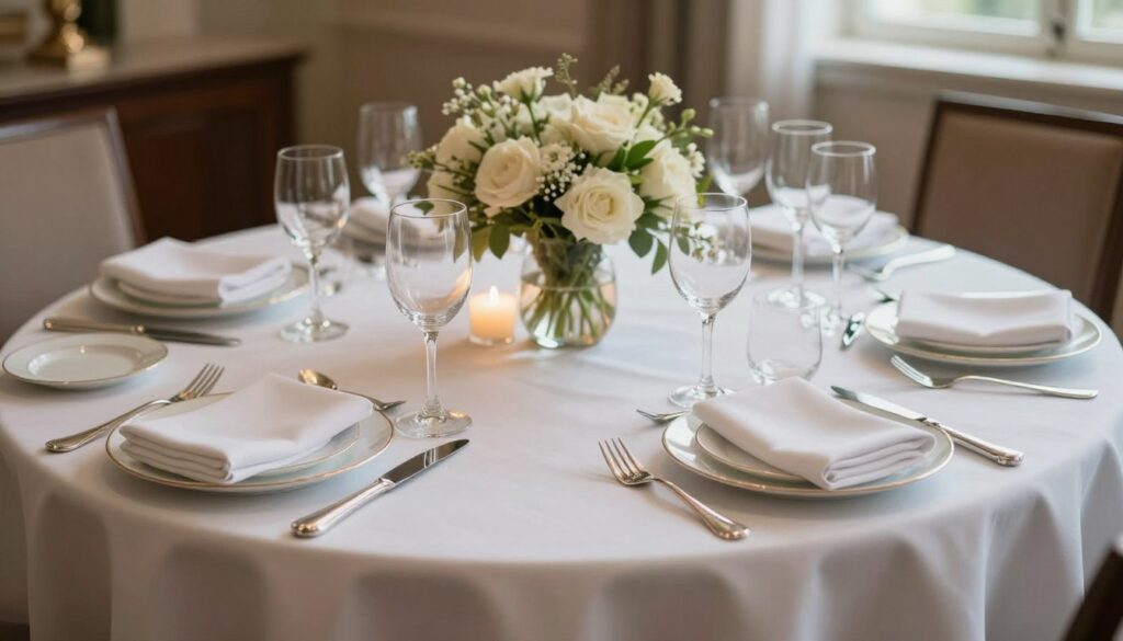 A beautifully set dining table for a formal occasion, showcasing an elegant table setting with fine china, polished silverware, and crystal glassware. In the foreground, a pristine white tablecloth spans the table adorned with a tasteful centerpiece of fresh flowers in a vase, illuminated softly by candlelight. The middle of the image focuses on the meticulously arranged place settings, with plates, knives, forks, and elegant napkins folded artfully. In the background, a softly blurred room captures a warm and inviting atmosphere, enhanced by gentle ambient lighting. The angle is a slightly elevated perspective, emphasizing the luxury and detail of the table setting. The mood is sophisticated yet welcoming, perfect for a special gathering. A beautifully set dining table for a formal occasion, showcasing an elegant table setting with fine china, polished silverware, and crystal glassware. In the foreground, a pristine white tablecloth spans the table adorned with a tasteful centerpiece of fresh flowers in a vase, illuminated softly by candlelight. The middle of the image focuses on the meticulously arranged place settings, with plates, knives, forks, and elegant napkins folded artfully. In the background, a softly blurred room captures a warm and inviting atmosphere, enhanced by gentle ambient lighting. The angle is a slightly elevated perspective, emphasizing the luxury and detail of the table setting. The mood is sophisticated yet welcoming, perfect for a special gathering.