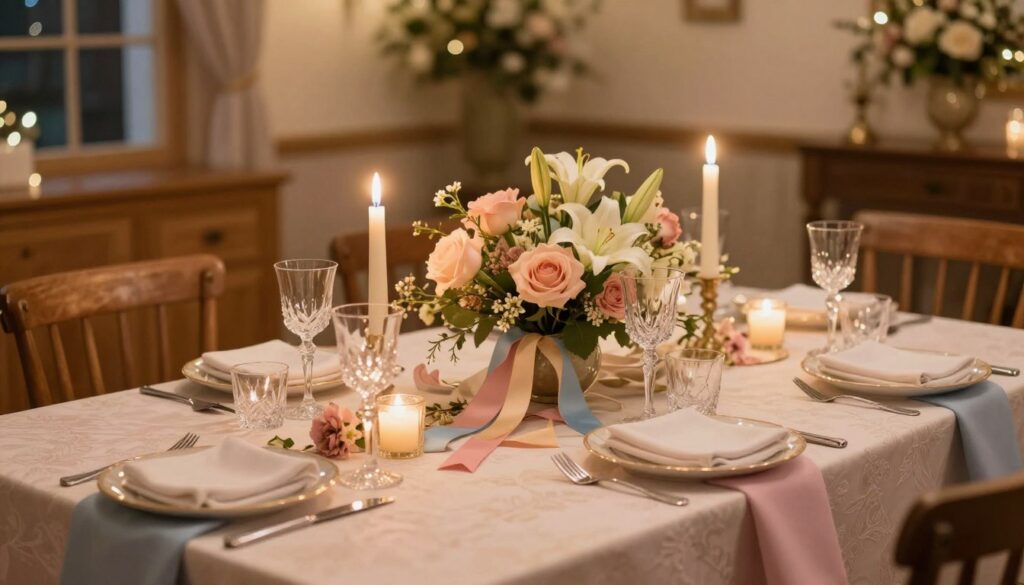 A beautifully set dining table for a wedding anniversary celebration, showcasing a romantic color palette that reflects different relationship stages. In the foreground, an elegant tablecloth in soft pastels of pinks and blues, adorned with delicate floral arrangements. Crystal glassware catches the golden glow of soft candlelight. In the middle, a centerpiece featuring intertwined ribbons and fresh blooms, such as roses and lilies, symbolizing love and growth. The background softly blurred, reveals a cozy, intimate dining space with warm wood accents and fairy lights, creating a magical atmosphere. The lighting is warm and inviting, evoking a sense of romance and nostalgia. Capture this scene at eye level, allowing the viewer to feel as if they are part of the celebration.