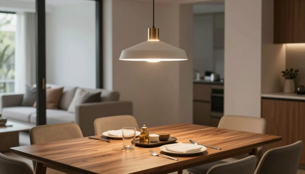 A beautifully set dining table in a modern interior, featuring a sleek wooden tabletop and elegant dining chairs. Above the table, a stylish pendant lamp gracefully hangs, illuminating the space with warm, soft light. The lamp is positioned at the optimal height to cast a gentle glow on the surface, enhancing the textures of the table and any decorative elements, such as a tasteful centerpiece and table settings. In the background, subtle hints of a cozy, inviting living area can be seen, adding depth to the scene. The room is bathed in natural light streaming through large windows, creating an inviting atmosphere. Use a slightly elevated angle to showcase the lamp’s position above the table, emphasizing the importance of proper lighting in dining areas.